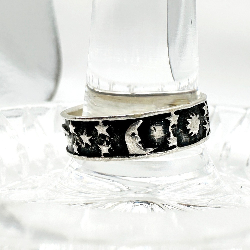 Vintage 925 Sterling Silver Celestial Band‎ Ring Sun Moon Stars Saturn 8